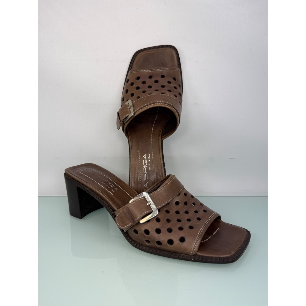 Via Spiga Brown Perforated Leather Mule Heels Square Toe Made in Italy 7.5 M Y2K